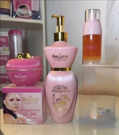 Abebi White Rose Gold Strong Whitening Lotion + Oil + Face Cream – 3pcs Set
